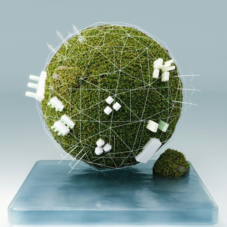 Vision Grüner, stilisierter Globus aus Moos und geometrischen Formen auf einem glatten Untergrund.